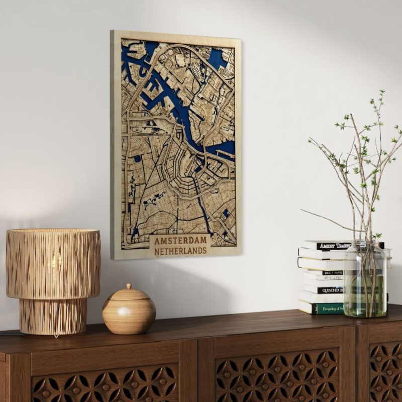 Gelaagde houten kaart van Rotterdam – Handgemaakte wanddecoratie van de stad