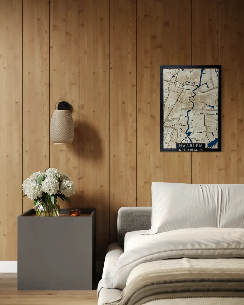 Houten kaart op maat – Handgemaakte wanddecoratie met stadsmotief